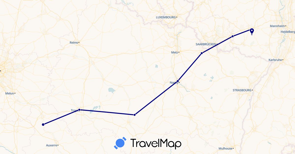 TravelMap itinerary: driving in Germany, France (Europe)